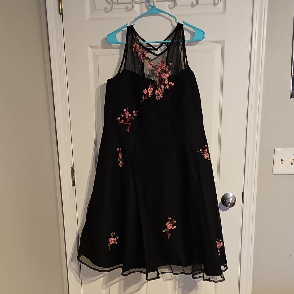 eShakti Black Dress with Pink Floral Embroidery